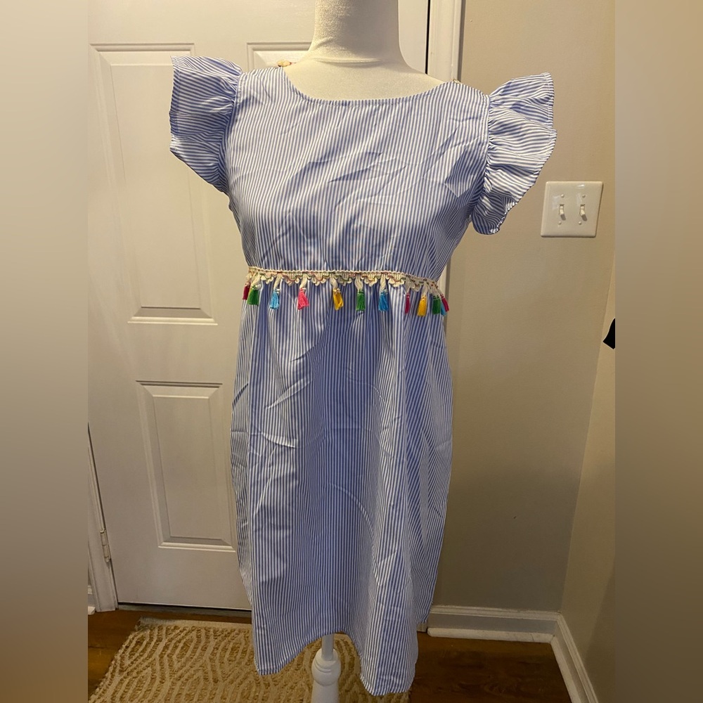 Striped Blue Kids Dress with Colorful Tassels